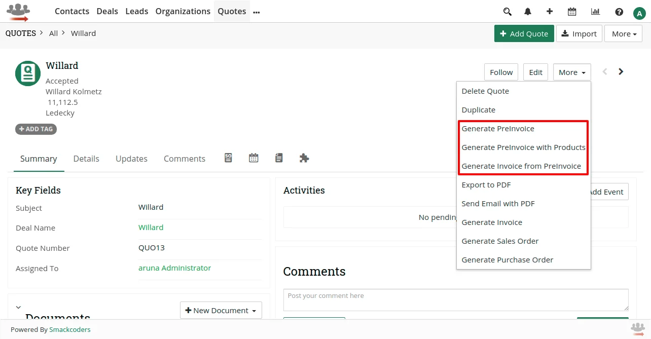 How to create PreInvoice from JoforceCRM Modules 2 quotes-record-detail-view-joforce-preinvoice