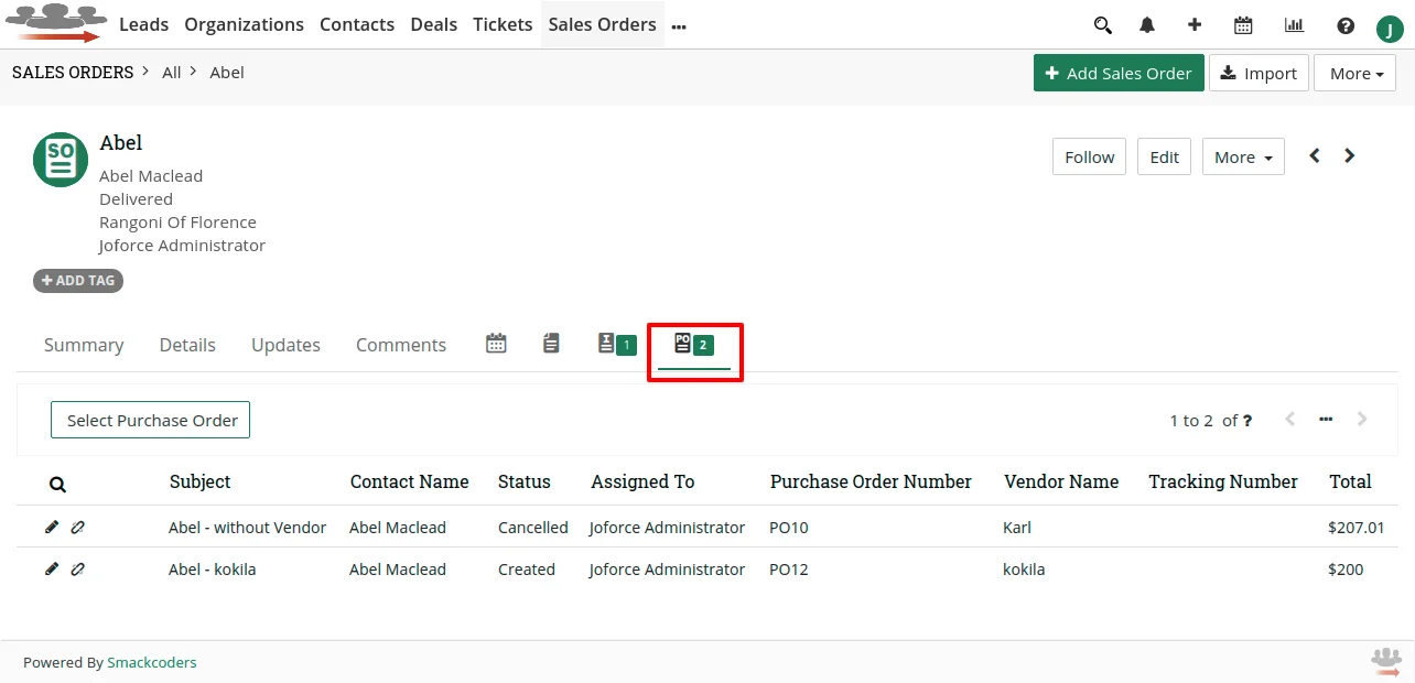Convert Sales Order to Purchase Order - With Vendors 3 joforce-convert-so-to-po-view-purchase-order-records-list-in-sales-order-record-detail-view