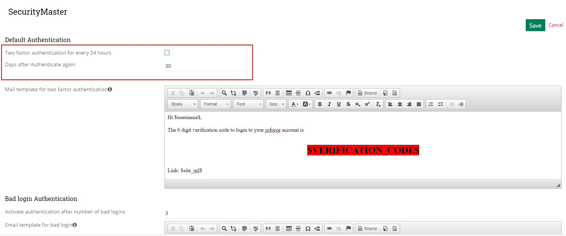Configure SecurityMaster Login Settings 7 Configure day to authentication