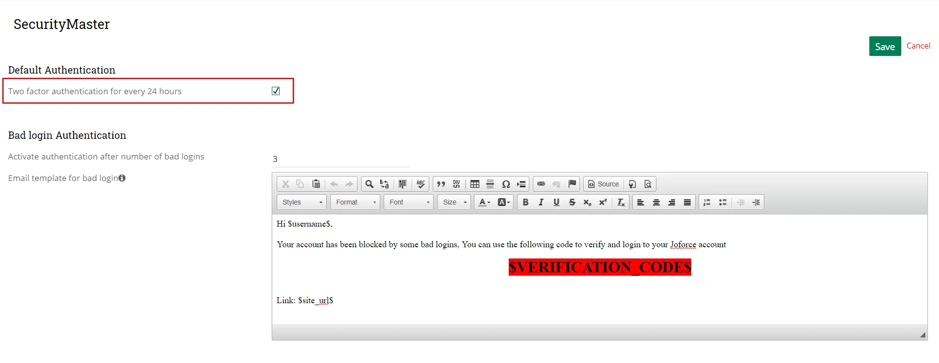 Configure SecurityMaster Login Settings 6 Configure two factor authentication