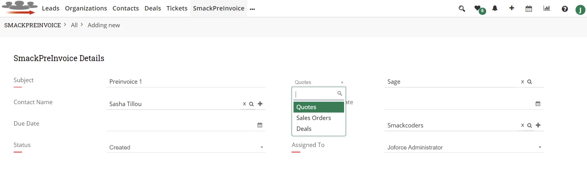How to create PreInvoice from JoforceCRM Modules 1 choose-modules-to-relate-preinvoice-record